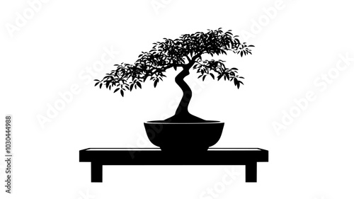 Bonsai tree in a ceramic pot on a wooden display stand, vector illustration art