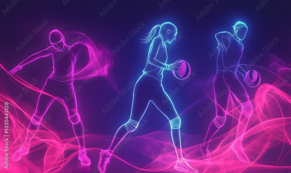 Dynamic Volleyball Action with Neon Lights and Abstract Geometric Patterns for Futuristic Sports Branding Dynamic Volleyball Action with Neon Lights and Abstract Geometric Patterns for Futuristic Sports Branding