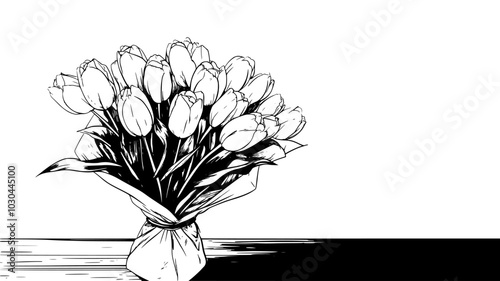 Bouquet of tulips wrapped in paper on a wooden table surface, vector illustration art