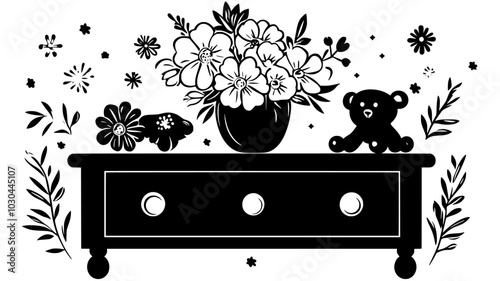 Bouquet with a baby rattle tucked among blooms on a hospital nightstand, vector illustration art