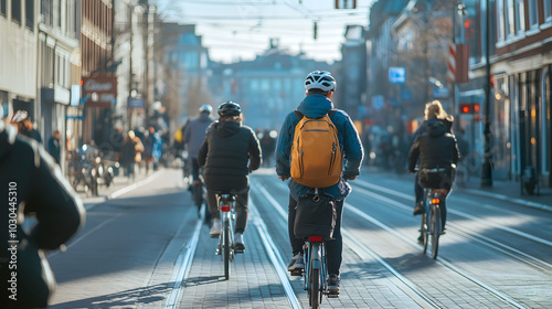 Urban commuters navigating through city streets on bicycles and scooters, showcasing a modern approach to daily transportation