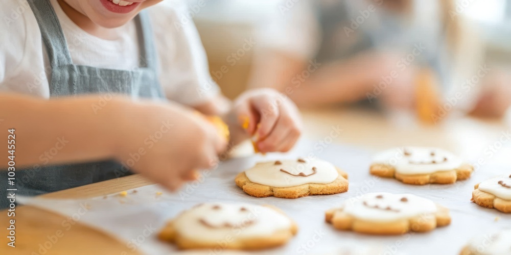 Fototapeta premium A child decorates smiley face cookies, showcasing creativity and joy in baking. A delightful moment of culinary art.