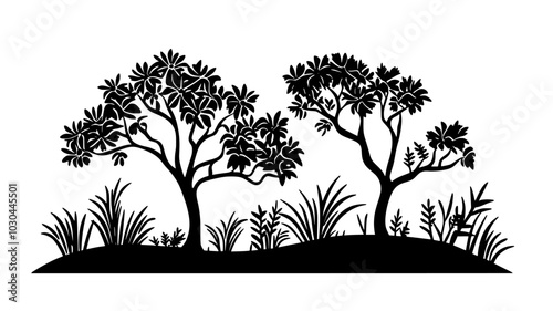 Cinnamon trees with peeling bark in a spice garden, vector illustration art