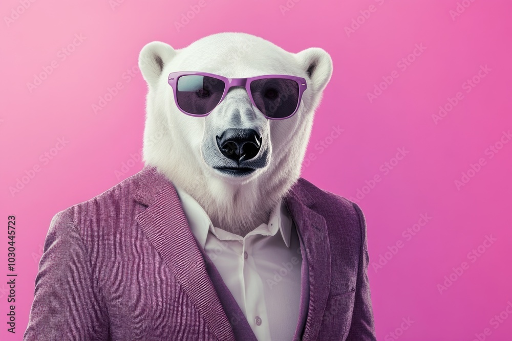 A polar bear wearing sunglasses and an elegant suit against a pink background, A polar bear wearing sunglasses and an elegant suit against a pink background,