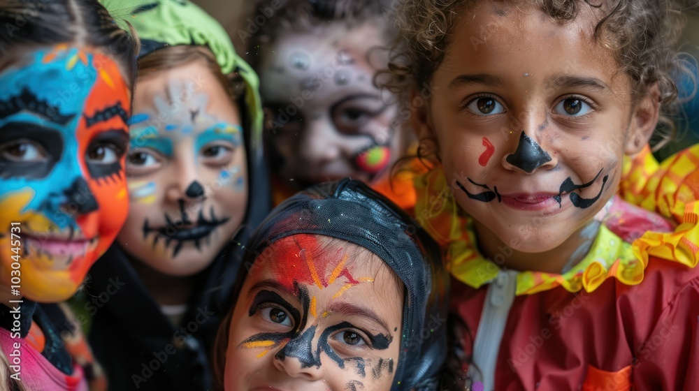 A group of children with painted faces, one of whom has a skull on her face A group of children with painted faces, one of whom has a skull on her face