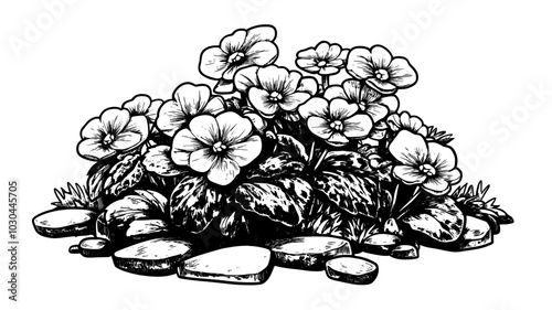 A cluster of lungwort plants flourishing in a shaded flower bed with nearby stones, vector illustration art