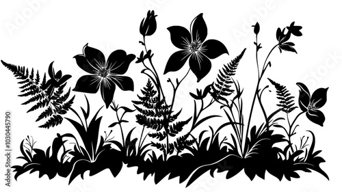 Columbine flowers among ferns in dappled shade, vector illustration art