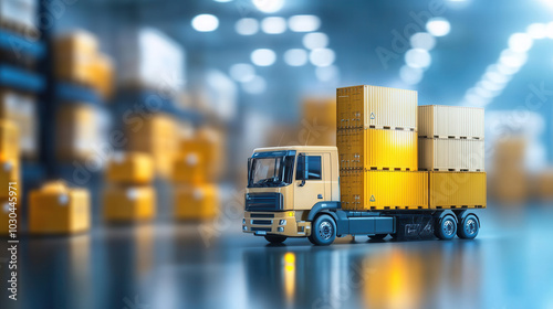 yellow truck loaded with shipping containers is parked in warehouse, showcasing logistics and transportation industry. blurred background emphasizes busy environment of freight handling