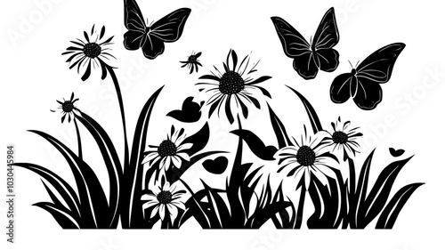 Coneflowers attracting butterflies in a meadow garden, vibrant pink and purple flowers, vector illustration art