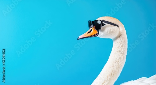 A swan wearing sunglasses, isolated on a blue background with copy space. photo