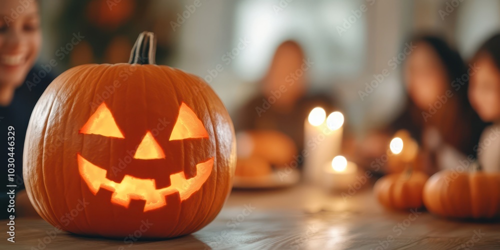 A festive Halloween scene featuring a carved pumpkin glowing in a cozy atmosphere with friends enjoying the celebration. A festive Halloween scene featuring a carved pumpkin glowing in a cozy atmosphere with friends enjoying the celebration.