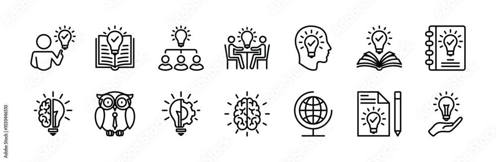 Knowledge thin line icon set. Containing cognition, inspiration, creative, idea, brain, brainstorm, light bulb, clever, innovation, intelligence, globe, education, creativity, thinking, smart, book Knowledge thin line icon set. Containing cognition, inspiration, creative, idea, brain, brainstorm, light bulb, clever, innovation, intelligence, globe, education, creativity, thinking, smart, book