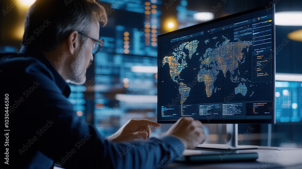 focused business executive analyzes global data on computer screen, showcasing world map with vibrant digital information. atmosphere is high tech and professional, emphasizing importance of data in focused business executive analyzes global data on computer screen, showcasing world map with vibrant digital information. atmosphere is high tech and professional, emphasizing importance of data in