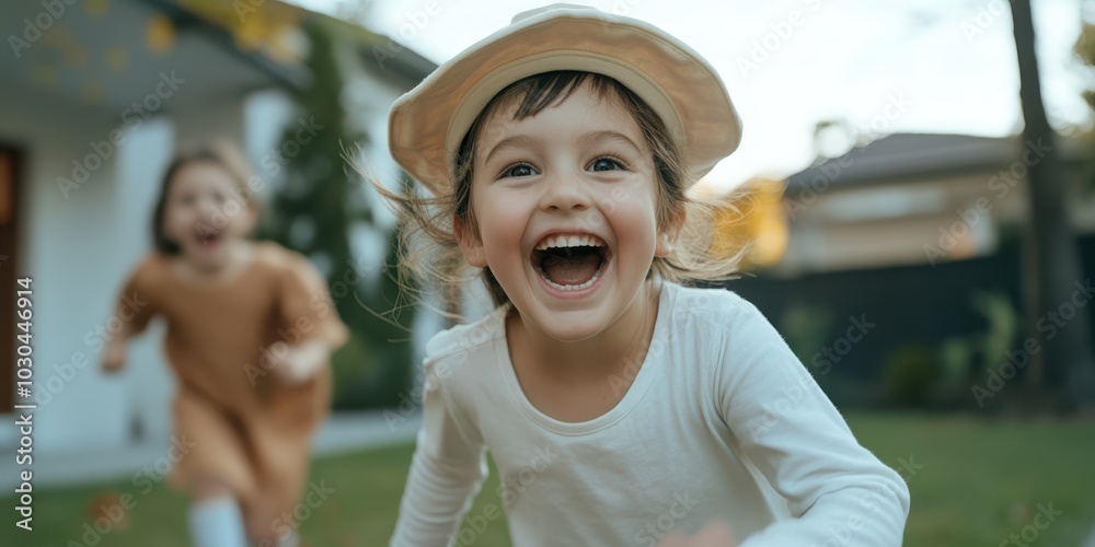 A joyful child laughs and plays outdoors, capturing the essence of childhood happiness and carefree moments in the garden.
