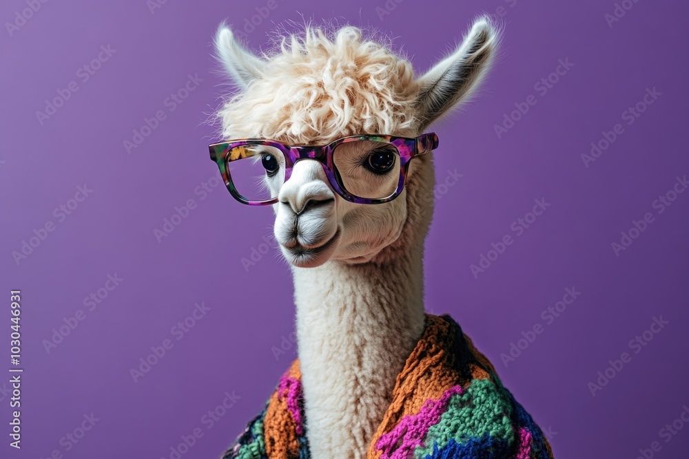 Fototapeta premium An alpaca dressed in colorful and wearing glasses, studio shot.