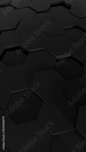 3d abstract black vertical background. Abstract dark hexagon mosaic wall. 3d rendering illustration not AI