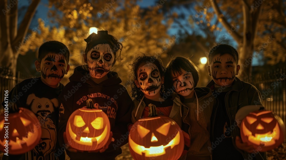 Fototapeta premium A group of children are holding pumpkins and wearing Halloween makeup