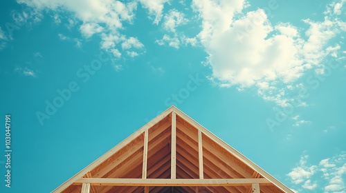 Unfinished wooden roof frame against a blue sky.