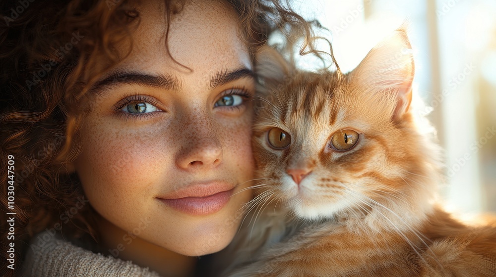 Portrait of Happy Young Woman with Curly Hair Holding Cute Cat at Home, Warm Sunny Light
Portrait of Happy Young Woman with Curly Hair Holding Cute Cat at Home, Warm Sunny Light