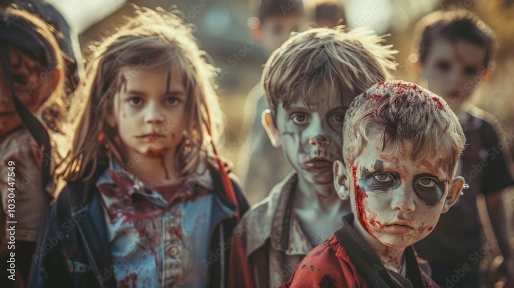 A group of children dressed in zombie costumes stand in a line A group of children dressed in zombie costumes stand in a line