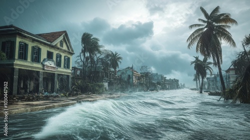 3D visualization of a devastating hurricane striking a coastal city, intensified by climate change, showcasing environmental impact. photo