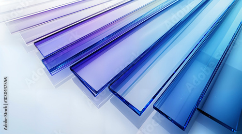Horizontally arranged glass panels in gradient blue and purple tones. In 3D style. Abstract geometric concept. For background and presentation.