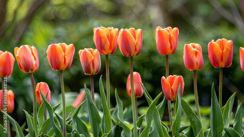 A row of bright orange and red tulips bloom in a garden on a sunny day