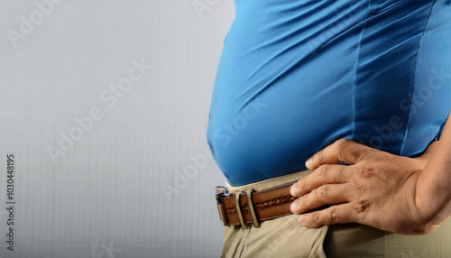 An overweight middle-aged man with a prominent belly and a hand on his waist..