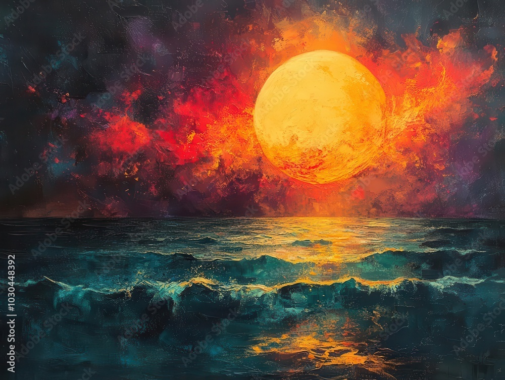 celestial sphere radiating fiery tendrils of energy above a tranquil sea, merging cosmic phenomena with natural beauty in a captivating abstract composition filled with bright colors celestial sphere radiating fiery tendrils of energy above a tranquil sea, merging cosmic phenomena with natural beauty in a captivating abstract composition filled with bright colors