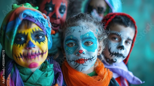 A group of children with painted faces, one of them wearing a red hat photo