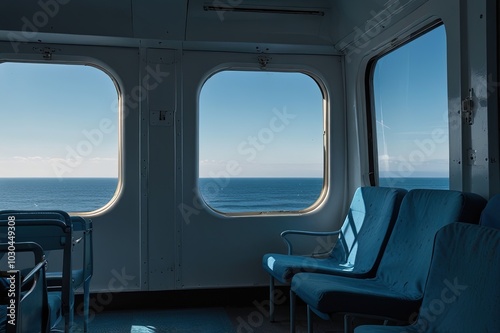 all blue - seat, window, and sea