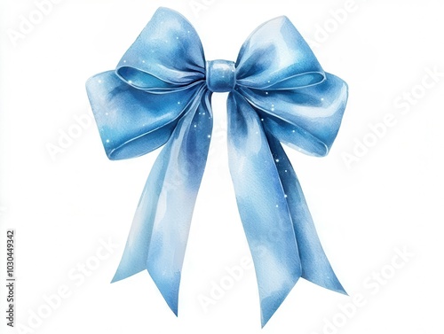Elegant blue bow with snowflakes on a white background, perfect for holiday gifts.