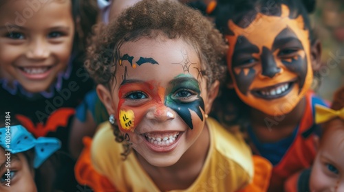 A group of children are wearing Halloween costumes and have their faces painted