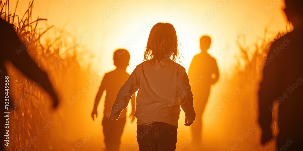 Children running joyfully through a golden field at sunset, silhouetted against the warm, glowing horizon. Children running joyfully through a golden field at sunset, silhouetted against the warm, glowing horizon.