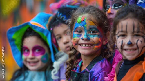 A group of children are wearing Halloween costumes and have their faces painted