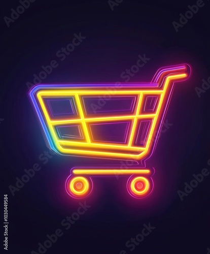 Vibrant Glowing Neon Shopping Cart Icon An Illuminating Symbol of Digital Commerce and Retail