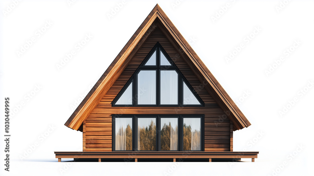 A-frame cabin with steep roof and large front window isolated on white background A-frame cabin with steep roof and large front window isolated on white background