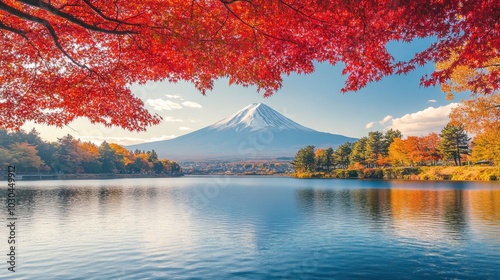 Mount Fuji, Lake, Autumn Trees, Red Leaves