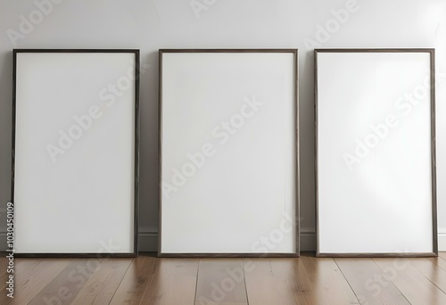 Three empty picture frames on a wooden floor against a white wall.