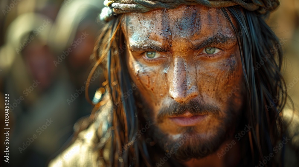 A rugged warrior with striking blue eyes gazes intensely amidst a chaotic battlefield at dawn. Generative AI A rugged warrior with striking blue eyes gazes intensely amidst a chaotic battlefield at dawn. Generative AI