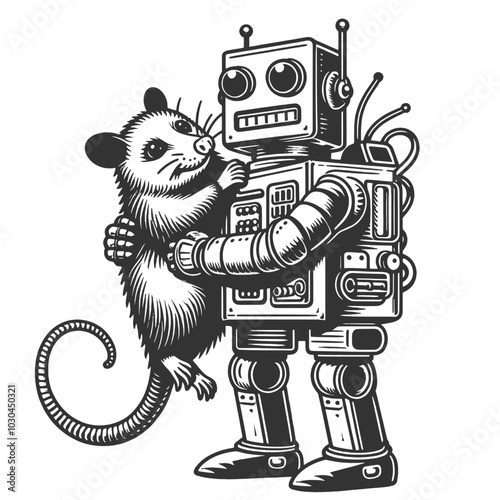 robot affectionately embracing a possum, amusing and heartwarming connection between technology and nature sketch engraving generative ai vector illustration. Black and white image.