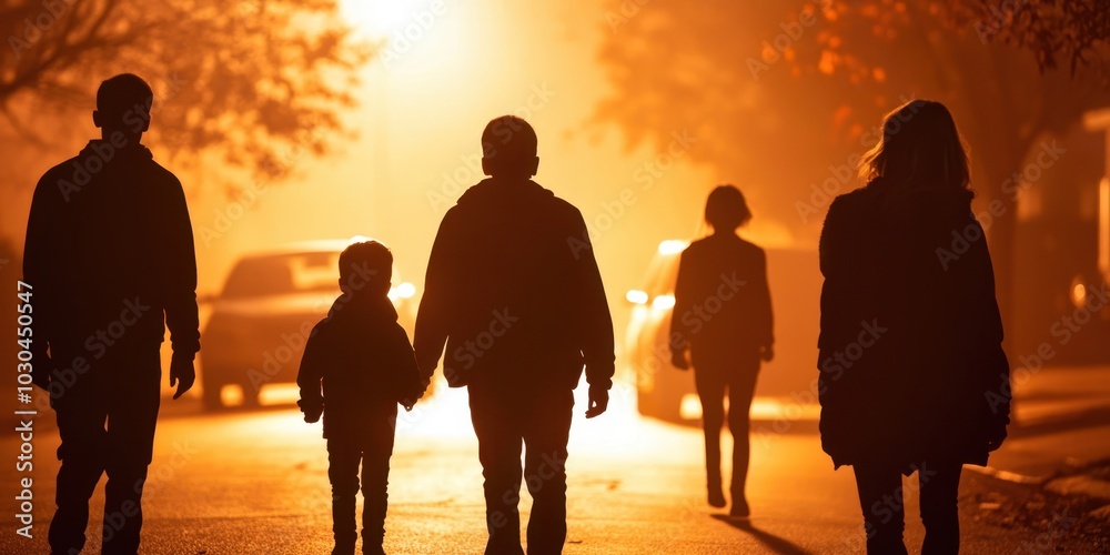 Fototapeta premium Silhouetted family walking together on a misty street during twilight, capturing a moment of connection and warmth.