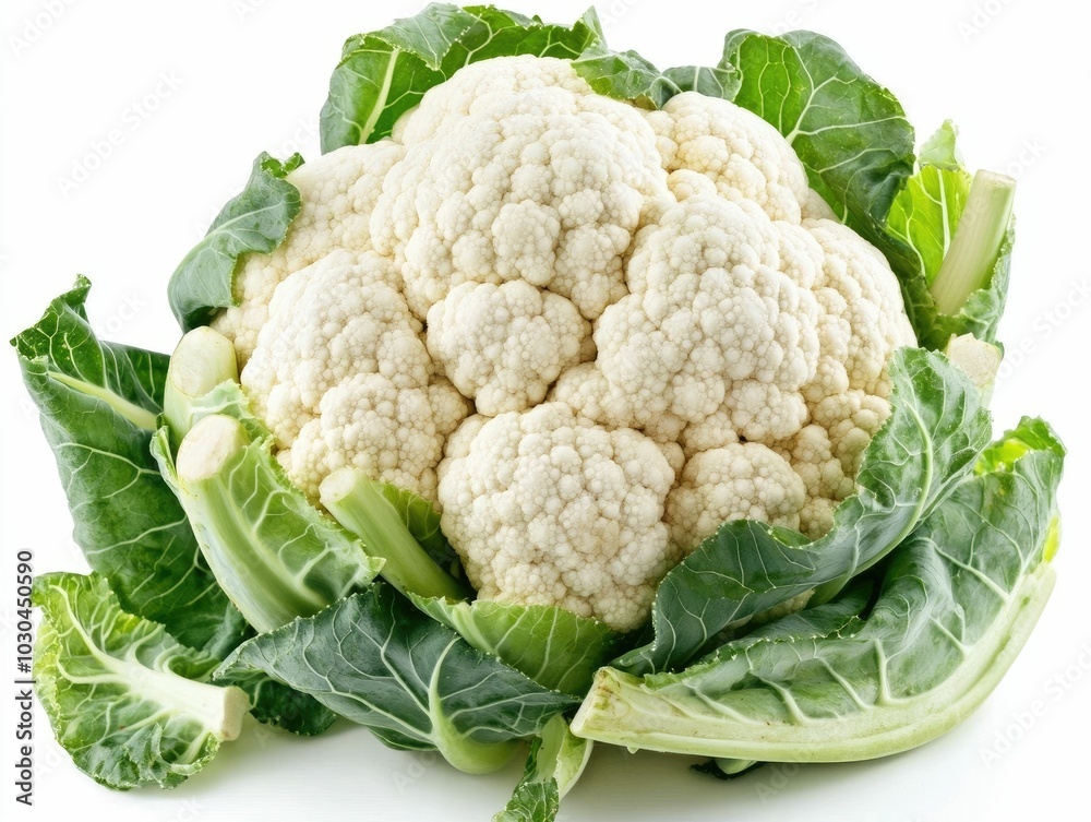 Closeup of a vibrant cauliflower head with lush green leaves showcasing its natural beauty and nutritional value against a clean white background Closeup of a vibrant cauliflower head with lush green leaves showcasing its natural beauty and nutritional value against a clean white background