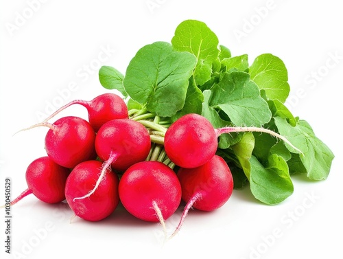 Freshly Harvested Radishes with Vibrant Red Roots and Crisp Green Leaves Laid Out on a Clean White Background in a Studio Shot photo