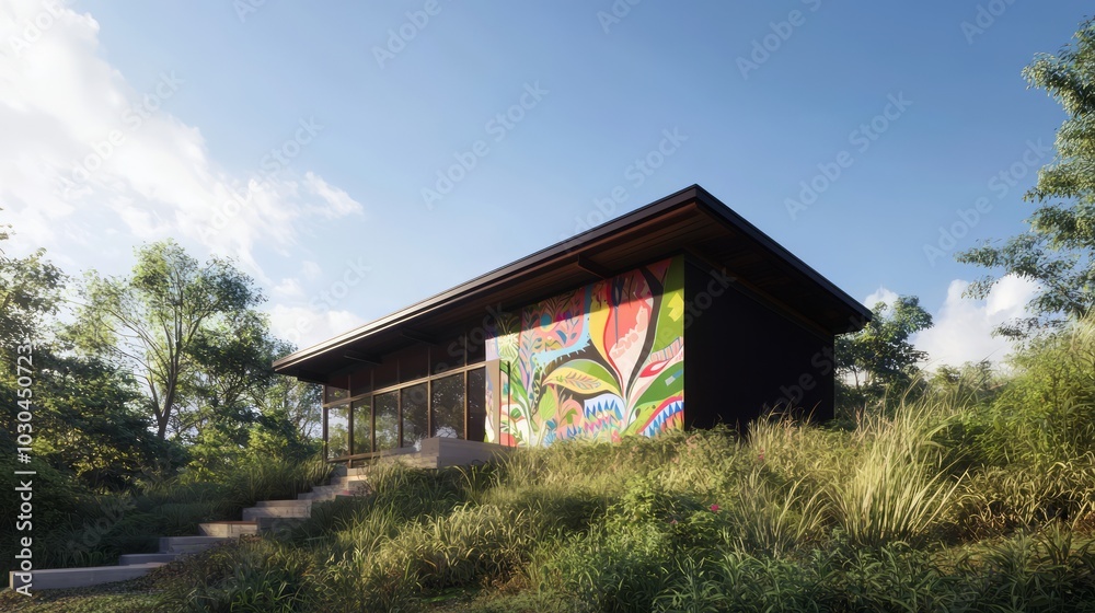Vibrant Community Art Mural on Sustainable Modular House - 3D Render Illustration Infused with Local Culture and Sustainability Themes Vibrant Community Art Mural on Sustainable Modular House - 3D Render Illustration Infused with Local Culture and Sustainability Themes