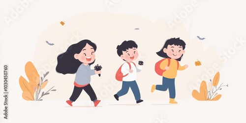 Three cheerful children enjoying a playful walk, each carrying a backpack and a snack, surrounded by a whimsical background.