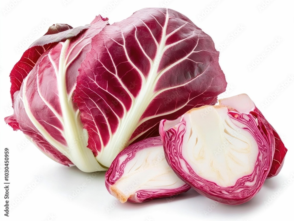 Obraz premium Close up of a whole radicchio vegetable showcasing the detailed texture and contrasting red and white leaves set against a clean white background