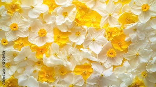 Bright yellow background with soft white and yellow spring flowers scattered, creating a fresh and cheerful spring theme