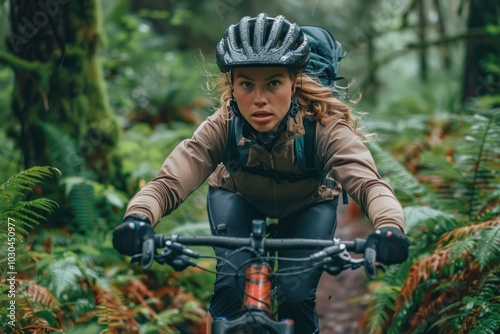 female cyclist navigating a rugged forest trail, surrounded by lush greenery and natural beaut