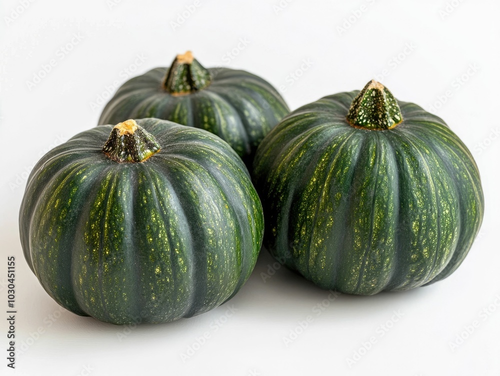 Whole acorn squash with a detailed textured green ribbed surface isolated on a white background Whole acorn squash with a detailed textured green ribbed surface isolated on a white background